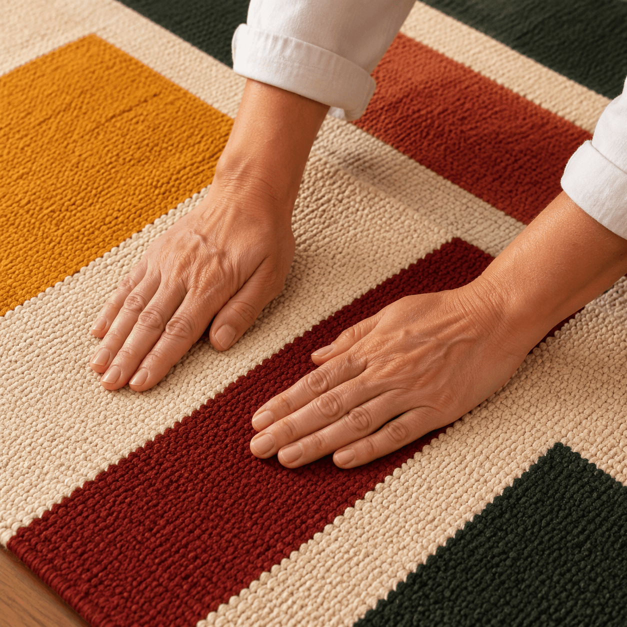 Hands smoothing a freshly woven colour-block rug